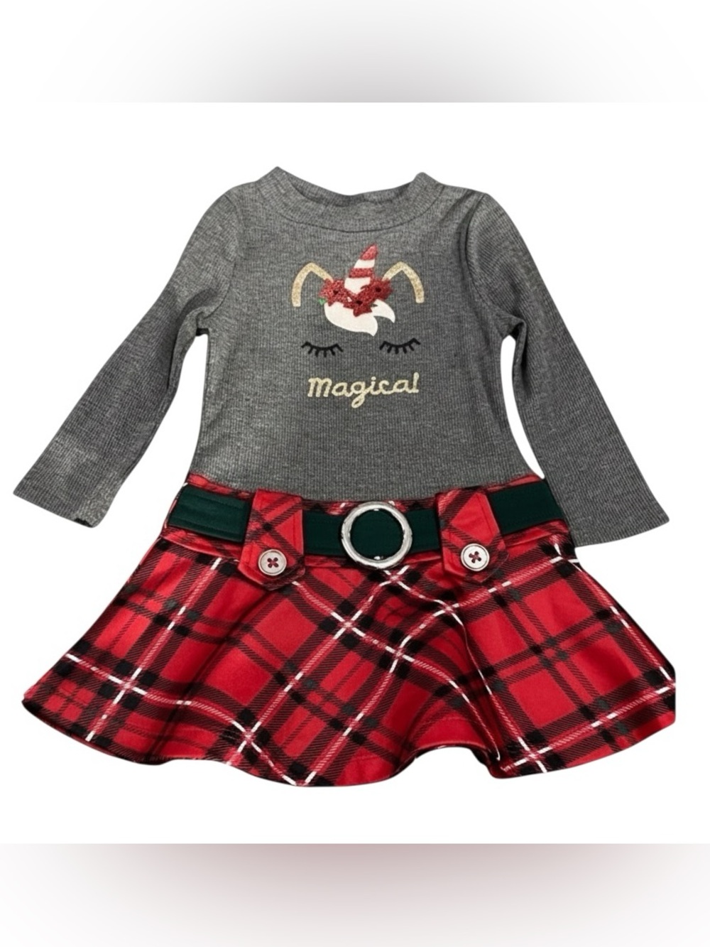 Zunie Girls Unicorn Dress Size 2T Magical Graphic Red Plaid Skirt Long Sleeve